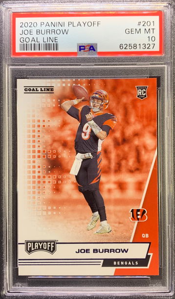 2020 Panini Playoff JOE BURROW Goal Line #201 RC Rookie Gem Mint PSA 10. Pop 1!