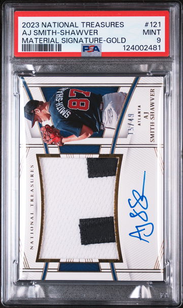 2023 Panini National Treasures Material Signature-Gold Aj Smith-Shawver #121 /49 PSA 9