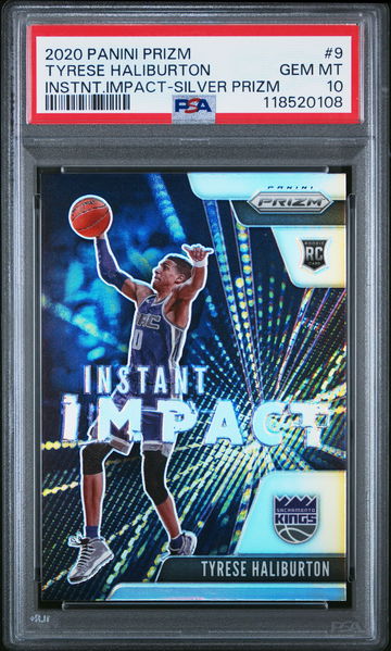 2020 PANINI PRIZM INSTANT IMPACT TYRESE HALIBURTON SILVER PRIZM #9 RC PSA 10