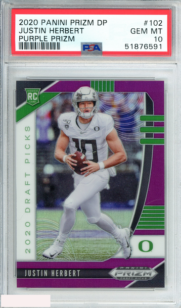 2020 PANINI PRIZM DP JUSTIN HERBERT #102 PURPLE PRIZM ROOKIE RC PSA 10 GEM MT