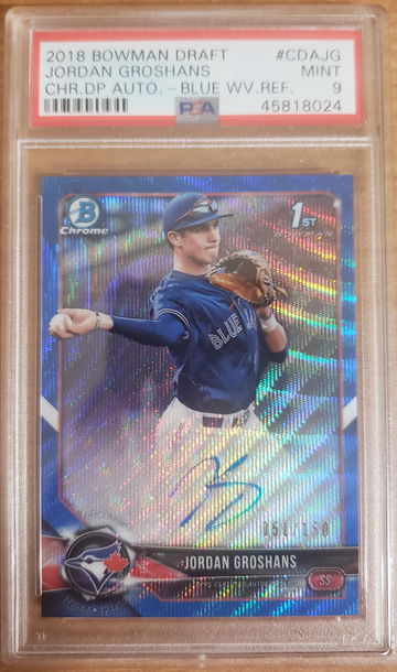 2018 BOWMAN CHROME DRAFT CDAJG JORDAN GROSHANS BLUE WAVE AUTO PSA 9