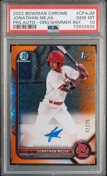 2022 Bowman Chrome Jonathan Mejia Autograph Orange Shimmer Refractor 1st AUTO /25 PSA 10