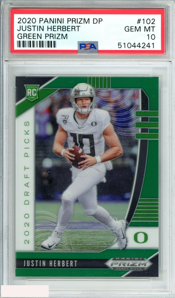 2020 PANINI PRIZM DP JUSTIN HERBERT #102 GREEN PRIZM ROOKIE RC PSA 10 GEM MT