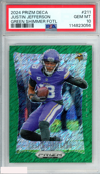 2024 PANINI PRIZM DECA JUSTIN JEFFERSON #211 GREEN SHIMMER FOTL 1 OF 12 PSA 10