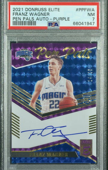 2021-22 Panini Donruss Elite Franz Wagner Pen Pals Purple RC Auto /25 SSP Magic PSA 7 NM