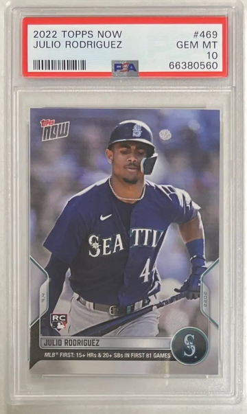 2022 Topps Now Baseball MLB #469 Julio Rodriguez RC Rookie First 15 HRs 20 SBs PSA 10