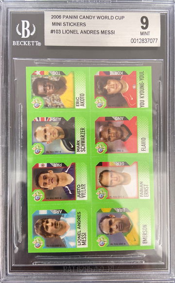 2006 Lionel Messi Panini World Cup Rookie Candy Sticker *HARD GRADE BGS 9 /2 Pop