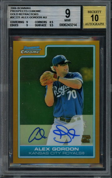 2006 Bowman Chrome Alex Gordon Gold Refractor Auto BGS Mint 9 - 10 Autograph