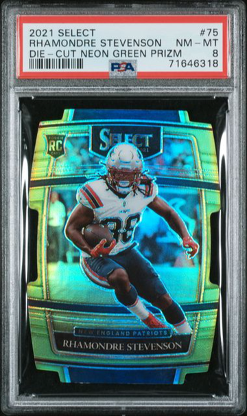 2021 PANINI SELECT RHAMONDRE STEVENSON DIE-CUT NEON GREEN PRIZM SP /349 #75 PSA 8