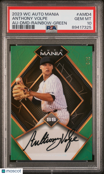 2023 Wild Card Auto Mania Autographs Anthony Volpe #AMD4 DMD Rainbow Green /15 PSA 10