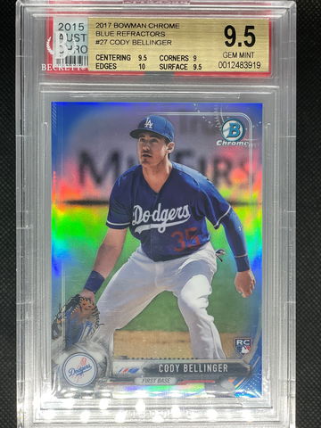 BGS 9.5 w/10 2017 Bowman Chrome Blue Refractor Cody Bellinger #’d 60/150 #27 RC