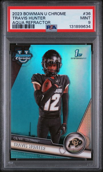 2023 Bowman Chrome University Aqua Refractors Travis Hunter #36 /299 PSA 9