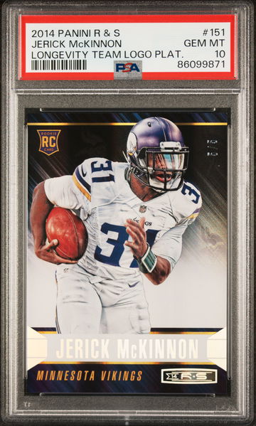 2014 Panini R & S Longevity Team Logo Plat. Jerick McKinnon #151 RC /5 PSA 10
