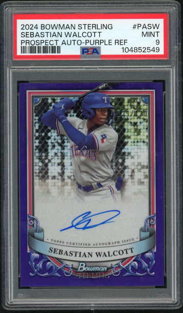 2024 Bowman Sterling Prospect Autograph Purple Refractor Sebastian Walcott #PASW /120 PSA 9