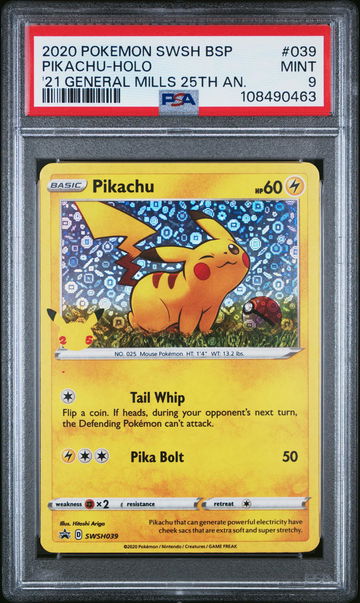 2020 Pokemon Sword and Shield Black Star Promo '21 General Mills 25th Anniversary Holo Pikachu #039 PSA 9