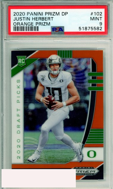 2020 PANINI PRIZM DRAFT PICKS JUSTIN HERBERT #102 ORANGE PRIZM RC PSA 9 MINT