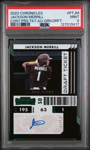 2022 Panini Chronicles Contenders Prospect Ticket Autographs Green Draft Jackson Merrill #PTJM PSA 9