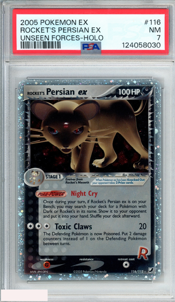 2005 POKEMON EX UNSEEN FORCES ROCKETS PERSIAN EX #116 HOLO PSA 7 NM