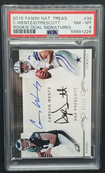 Carson Wentz / Dak Prescott 2016 National Treasures RC Dual Auto /25 PSA 8