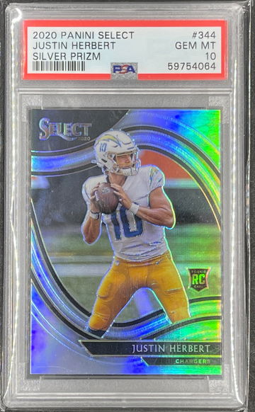 2020 Select #344 Justin Herbert Silver Prizm Field Level PSA 10