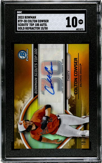 2023 Bowman Chrome Colton Cowser Auto Gold Refractor #'d 10/50 Baltimore Orioles SGC 10/10 #BTP-30