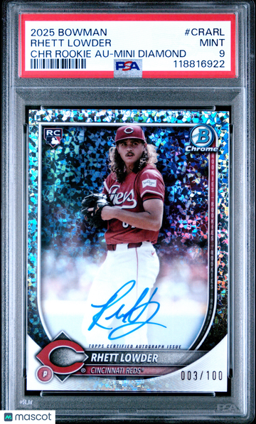 2025 Bowman Chrome Rookie Autographs Rhett Lowder #CRARL Mini Diamond /100 PSA 9