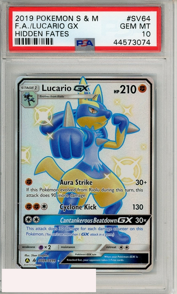 2019 POKEMON SUN MOON HIDDEN FATES FA LUCARIO GX #SV64 PSA 10 GEM MT