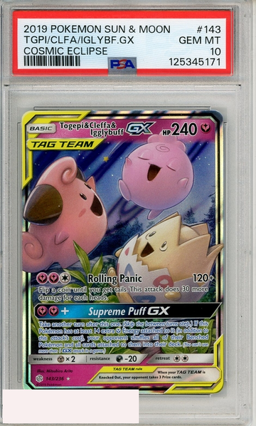 2019 POKEMON SUN MOON COSMIC ECLIPSE TGPI CLFA IGLYBF GX #143 PSA 10 GEM MT