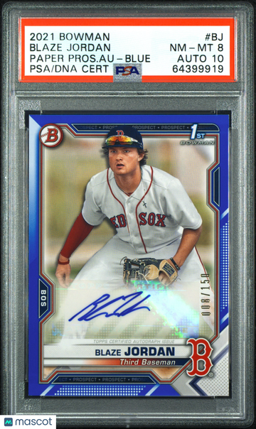 Blaze Jordan 2021 Bowman Paper Prospect Autographs Blue #BJ 1st Bowman RC PSA 8