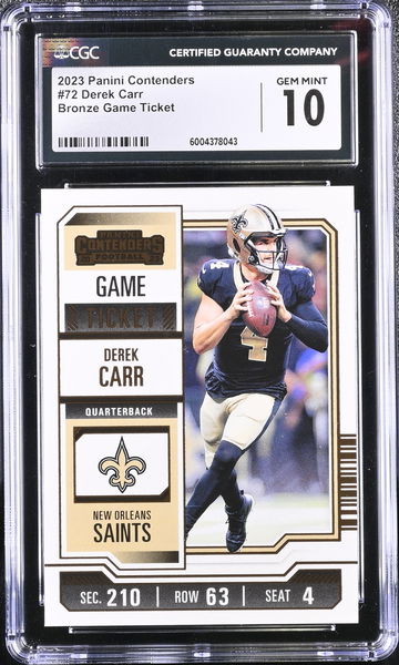 2023 PANINI DEREK CARR BRONZE GAME TICKET #72 CGC 10