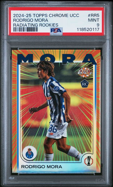 2024-25 TOPPS CHROME UEFA UCL RADIATING ROOKIES RODRIGO MORA #RR5 RC PSA 9