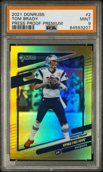 💎🧨 2021 Donruss TOM BRADY Press Proof Premium Gold Holo PSA 9 RC #2 🏈🦁