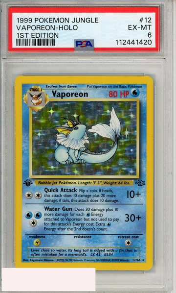 1999 POKEMON JUNGLE VAPOREON-HOLO #12 1ST EDITION PSA 6 EX-MT