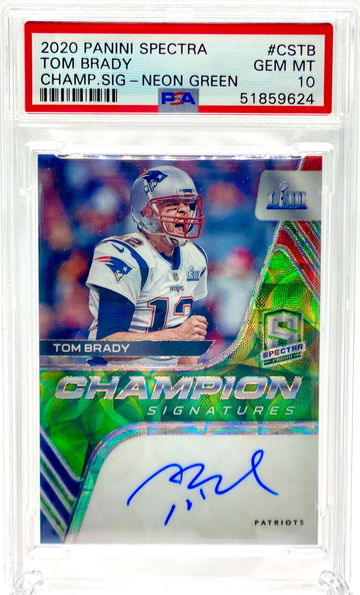 2020 PANINI SPECTRA TOM BRADY CHAMPIONS NEON GREEN PRIZM AUTO /4 PSA 10 GEM MINT
