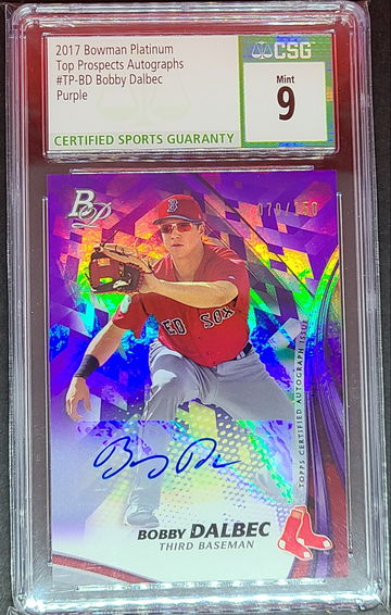 2017 Bowman Platinum Top Prospects Autographs #TPBD Bobby Dalbec Purple Refractor 70/150 CSG Mint 9