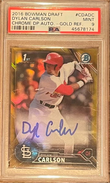 2016 Bowman Chrome Draft Dylan Carlson Gold Refractor Auto /50 PSA 9 MINT Cardinals 1st Autograph Ref