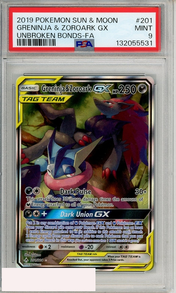 2019 POKEMON SUN MOON UNBROKEN BONDS GRENINJA ZOROARK GX #201 FA PSA 9