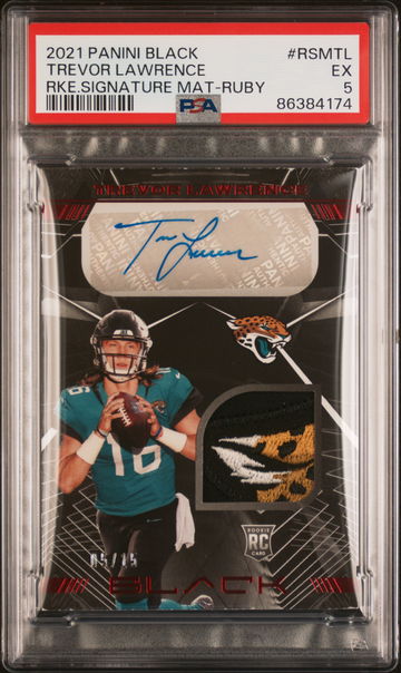 2021 Panini Black Rookie Signature Materials Ruby Trevor Lawrence #RSMTL /15 PSA 5