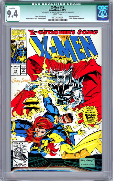 X-MEN #15 v.2 CGC 9.4 SILVER SAMURAI APP ANDY KUBERT SIGNED & NUMBERED COA 1992
