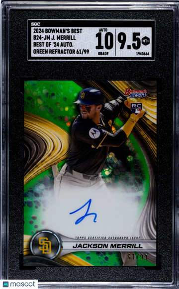 2024 Bowman's Best Jackson Merrill #B24-JM Of '24 Autograph Green Refractor SGC 9.5 Auto 10