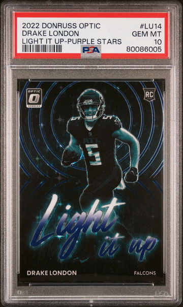 2022 DONRUSS DRAKE LONDON PANINI OPTIC LIGHT IT UP LIGHT IT UP-PURPLE STARS #LU14 #25/25 PSA 10