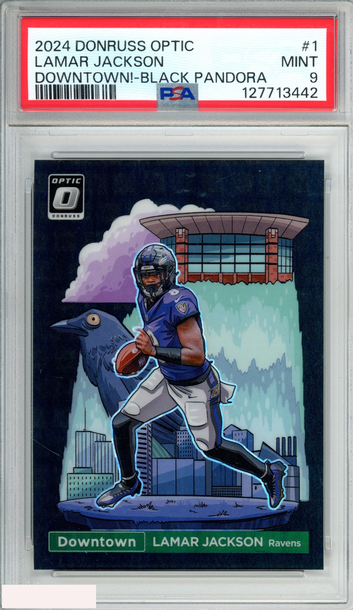 2024 PANINI DONRUSS OPTIC DOWNTOWN! LAMAR JACKSON #1 BLACK 9 OF 25 PANDORA PSA 9