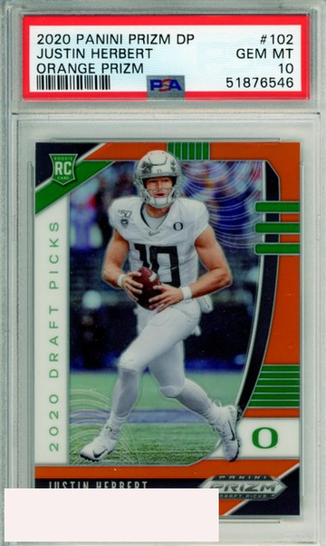2020 PANINI PRIZM DRAFT PICKS JUSTIN HERBERT #102 ORANGE PRIZM RC PSA 10 GEM MT
