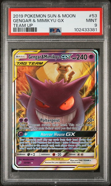2019 Pokémon Sun & Moon Team Up Gengar & Mimikyu #53/181 Tag Team GX PSA 9