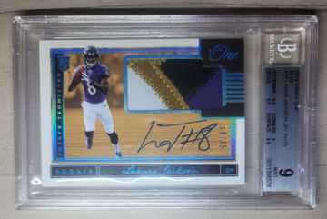 2018 Panini One Lamar Jackson RC Blue Jersey on card auto /35