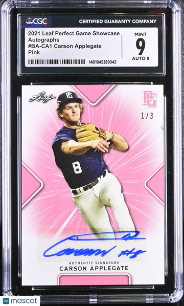 2021 Leaf Perfect Game Showcase Carson Applegate #BA-CA1 Pink Autographs CGC 9 Auto 9