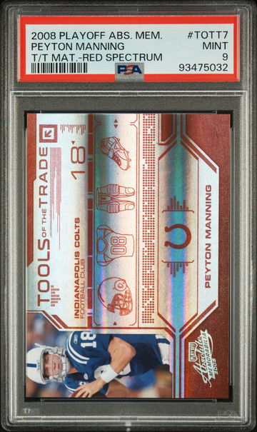 2008 PEYTON MANNING PLAYOFF ABSOLUTE MEMORABILIA TOOLS OF THE TRADE MATERIALS RED SPECTRUM #TOTT7 PSA 9 FB.C2.34