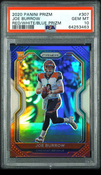 2020 Panini Prizm Joe Burrow Red/White/Blue Prizm PSA 10