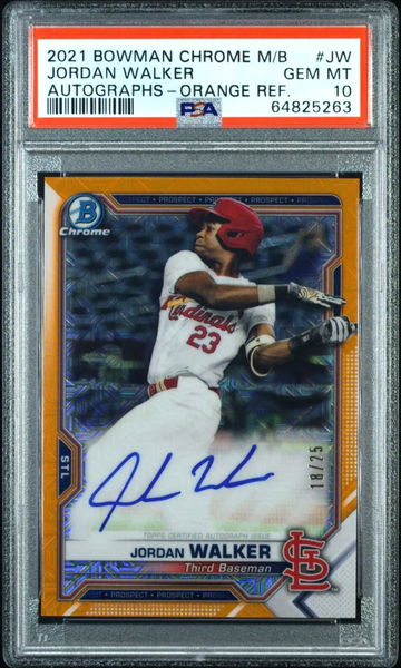 2021 Bowman Chrome Mega Box Autographs Jordan Walker RC #18/25 Orange Refractor SSP PSA 10 Gem Mint