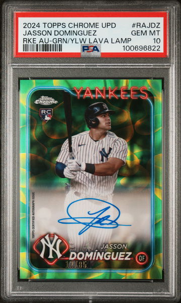 2024 Topps Chrome Update Green/Yellow Jasson Dominguez #RA-JDZ RC Auto /85 PSA 10